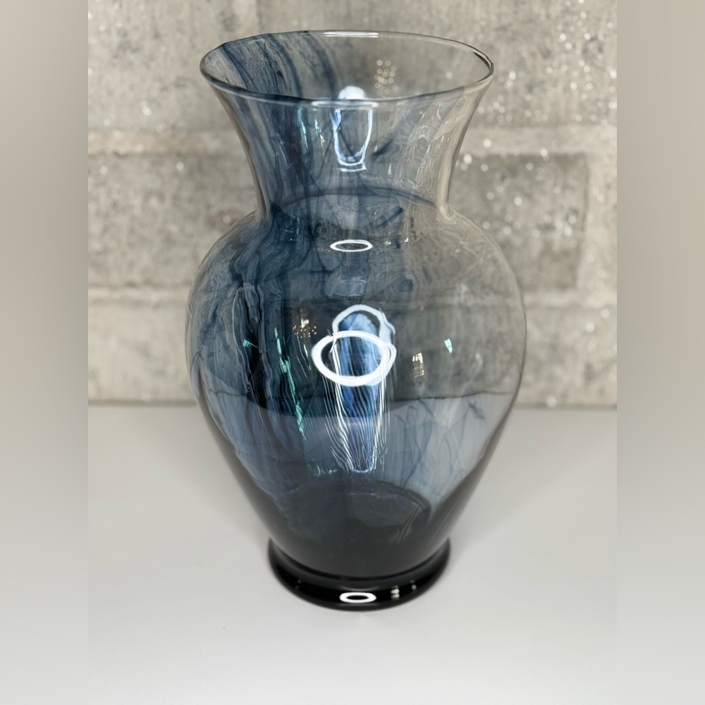 Smoky Blue Swirl Art Glass Vase 11” Tall Flared Rim Modern Hand Blown Style